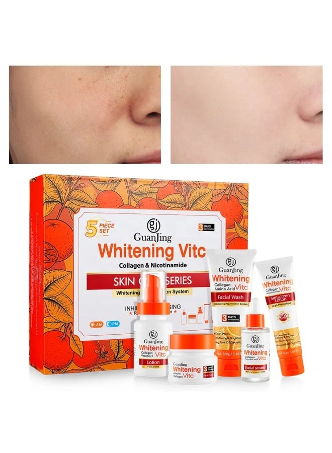 GUANJING Vitamin C Skin Care Set, Whitening Vitamin C Skincare Set with Collagen & Nicotinamide, Vitamin C lotion, Facial Wash, Facial Serum, Sunscreen Lotion & Facial Cream Skin Care Series Set - Image 5